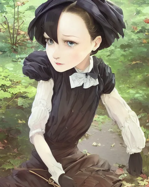 Image similar to a victorian maid with black bob hairstyle sitting under a tree. in a forest. detailed face. coherent. by makoto shinkai, stanley artgerm lau, wlop, rossdraws, james jean, andrei riabovitchev, marc simonetti, krenz cushart, sakimichan, trending on artstation, digital art.