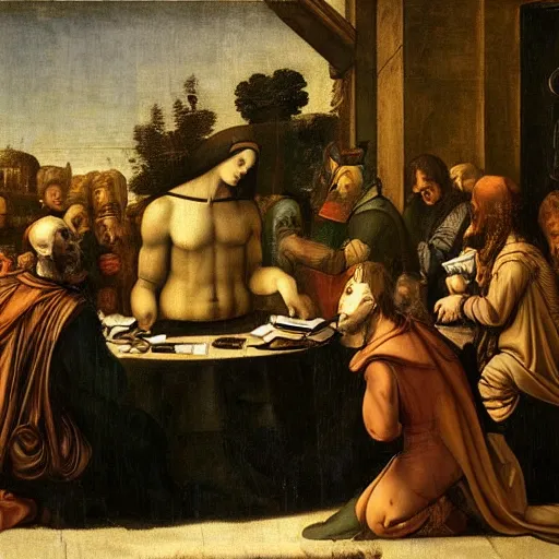 Prompt: renaissance painting of leonardo davinci having a discussion with batman in the middle of a round table, there are two dead tree in the background, one white orchid in vase above a fireplace at the edge of the painting, slight smokes from the fireplace are filling up the painting, golden ratio, rule of third