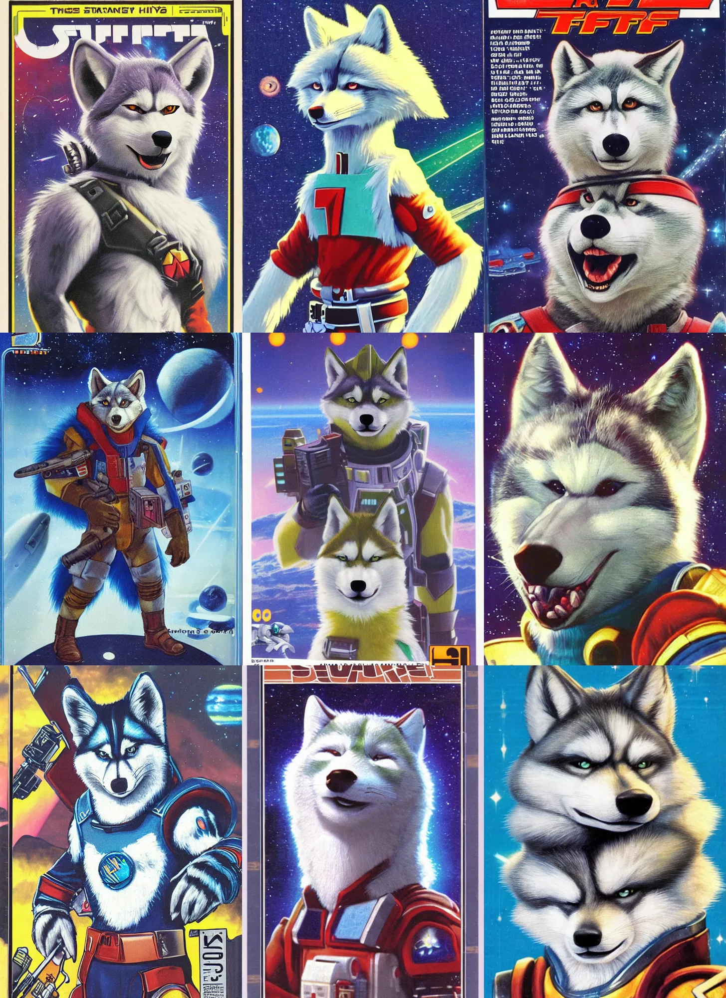 Prompt: 1 9 8 0 s video game art portrait of anthropomorphic husky from starfox fursona furry husky in a space mercenary uniform, looking heroic, magazine scan, 8 0 s game box art