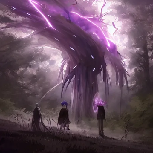 Image similar to killua electric lightning dark forest purple hunter x hunter greg rutkowski hd concept anime art