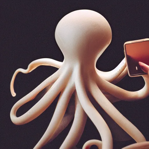Image similar to closeup studio photograph of an octopus holding an iphone, dramatic lighting, edited in photoshop