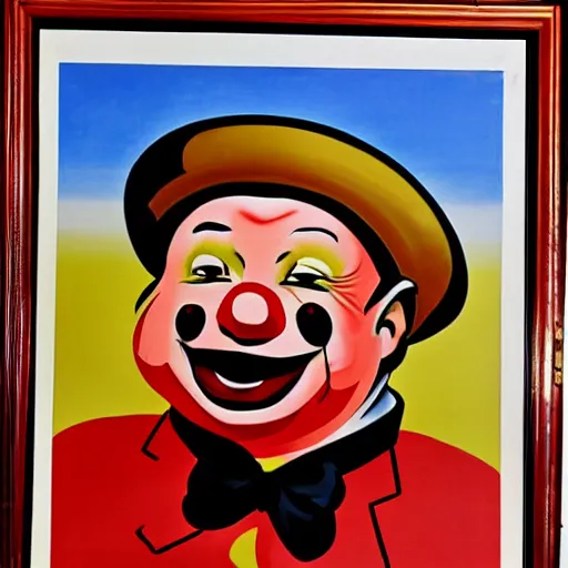 Image similar to communist clown painting, soviet propaganda style poster