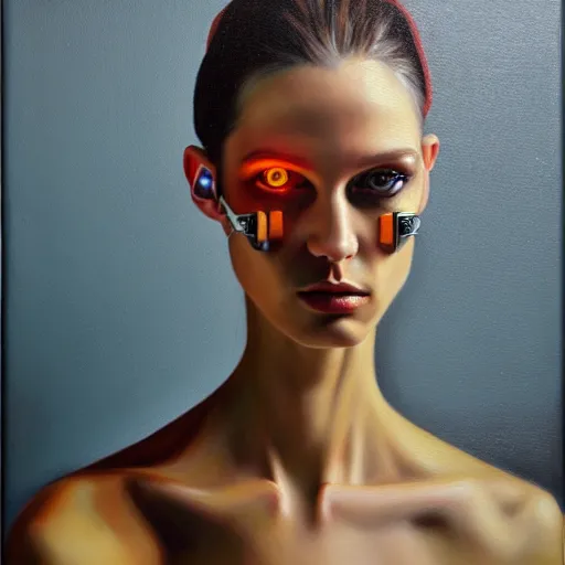 Image similar to cyborg fashion model, hyperrealism oil painting, matte