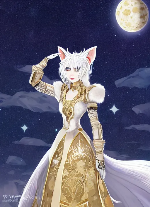 Image similar to commissioned full body portrait of a female anthro wolf princess fursona with white hair wearing a white and gold Japanese armored dress in a white and gold palace on a starry night with a large crescent moon, by a professional manga illustrator, Stanley Artgerm Lau, WLOP, Rossdraws, James Jean, Andrei Riabovitchev, Marc Simonetti, and Sakimichan, trending on artstation