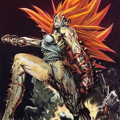 Prompt: Savage battlescarred Saiyan warrior girl, cavewoman, wild spiky black electrified hair, pelt, torn clothing, savage cloak, scars of battle, bloody, electrical aura, scimitar, primeval fantasy, prehistoric fantasy, goblins attacking, 1980s pulp fantasy, art by Frank Frazetta and Boris Vallejo