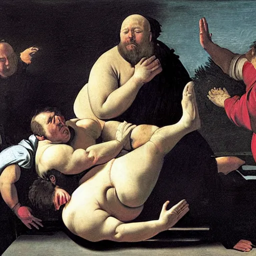 Image similar to obese alex jones falls over, painted by caravaggio