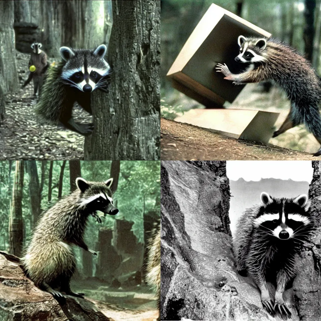 Prompt: tribal raccoon people discovering the monolith in 2001 A Space Odyssey