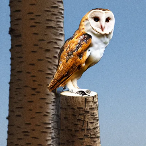 Image similar to ”A barn owl sitting on a Nike Air Jordan sneaker. The sneaker is standing on a birch stump, 4K, Sigma 55”