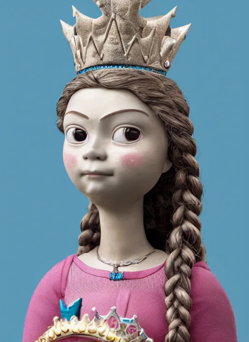 Image similar to closeup face profile portrait of tin toy greta thunberg as a fairytale princess wearing a crown eating cakes, bikini, depth of field, zeiss lens, detailed, symmetrical, centered, fashion photoshoot, by nicoletta ceccoli, mark ryden, lostfish, breathtaking, 8 k resolution, extremely detailed, beautiful, establishing shot, artistic, hyperrealistic, octane render