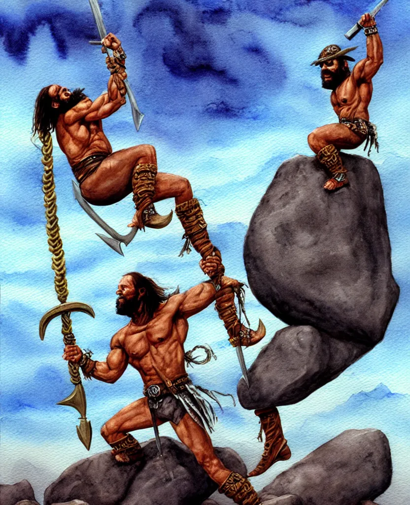 Prompt: randy savage with an anchor weapon slung over his shoulder and foot heroically on a boulder posing in desolate wasteland | fantasy watercolour painting | middle earth | conan | darksun | d & d dungeons and dragons | barbarian