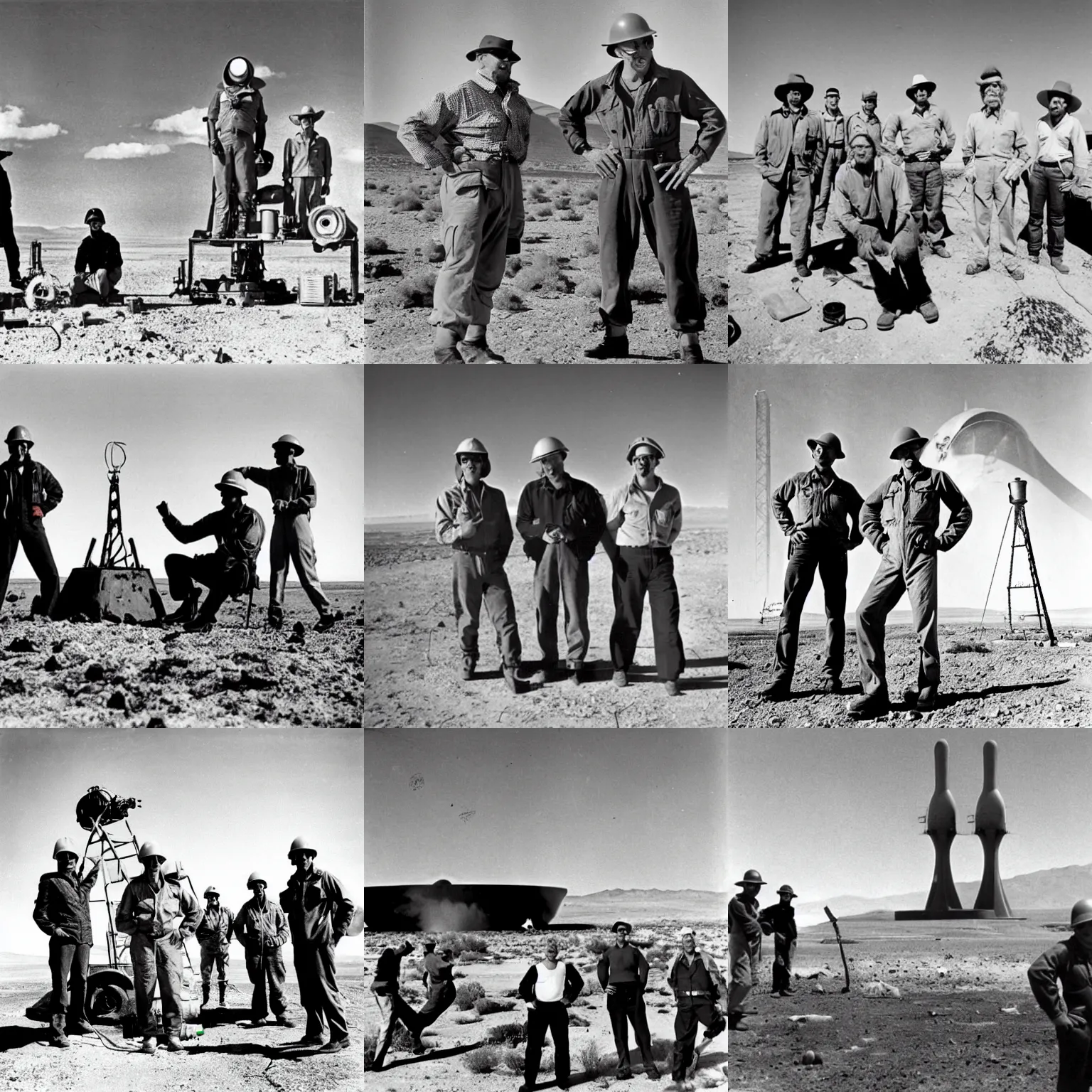 Prompt: The Mythbusters at a nuclear test site in Nevada, 1944