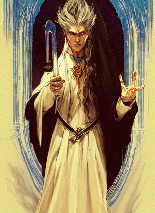 Image similar to medium - length portrait of a wizard, arcane sigils hovering over her hands, with long white hair and glowing blue eyes, dark brown skin, stern expression, wears a long robe, medieval setting, dramatic pose, highly detailed, digital painting, artstation, concept art, sharp focus, illustration, art by greg rutkowski and alphonse mucha