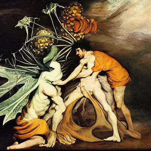 Image similar to close relationship between datura stramonium and men, mythical full of symbolism picture, hyper detailed, hyper realistic, warm colours, symbiosis, Francisco Goya style