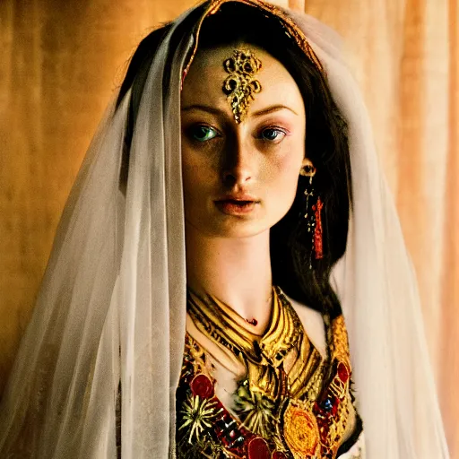 Prompt: 3 5 mm coloured film portrait of sophie turner as javanese bride, hyperrealism, photorealistic, detailed, atmospheric, 8 k, award winning photography, cinematic