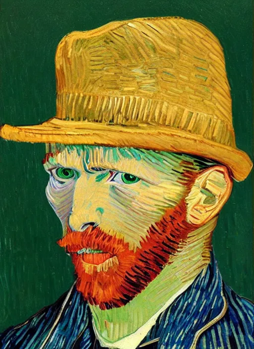 Image similar to lifelike oil painting self - portrait of van gogh wearing a fedora