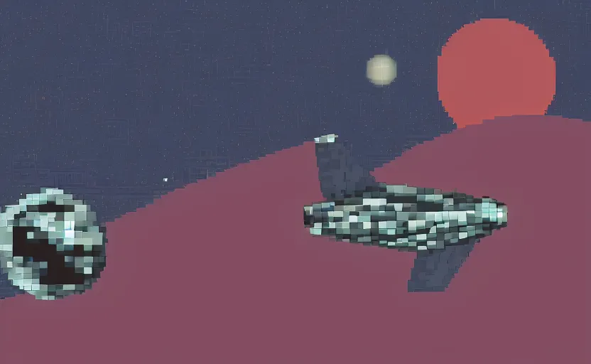 Prompt: a spaceship stranded in space with a weird planet in the background and hazy anomalies surrounding it, pixel art, high detail