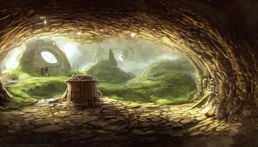 Prompt: concept art of the inside of a hobbit - hole, digital art, trending on artstation