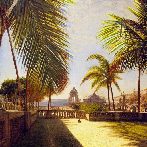 Image similar to a ultradetailed beautiful painting of the amazonas palace balustrade designed by jules bastien - lepage, hans belmer, frank weston and gustave baumann, beach, trending on artstation, mediterranean, palm trees, refracted color sparkles, sharp focus, soft light, 8 k 4 k