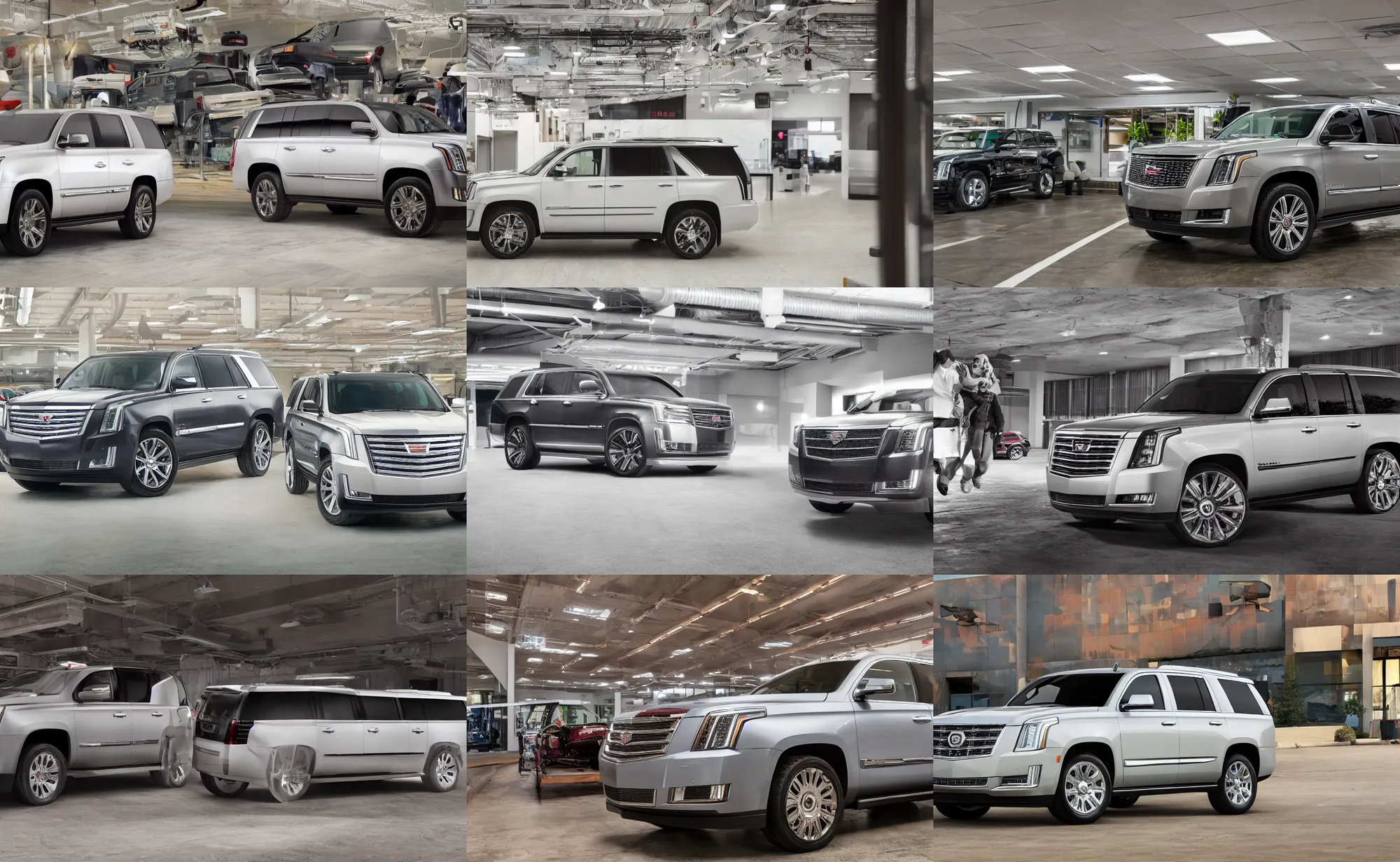 Prompt: An SUV inspired by a Cadillac Escalade and GMC Yukon inside of an auto dealership, fluorescent lighting, 50mm f/2.8