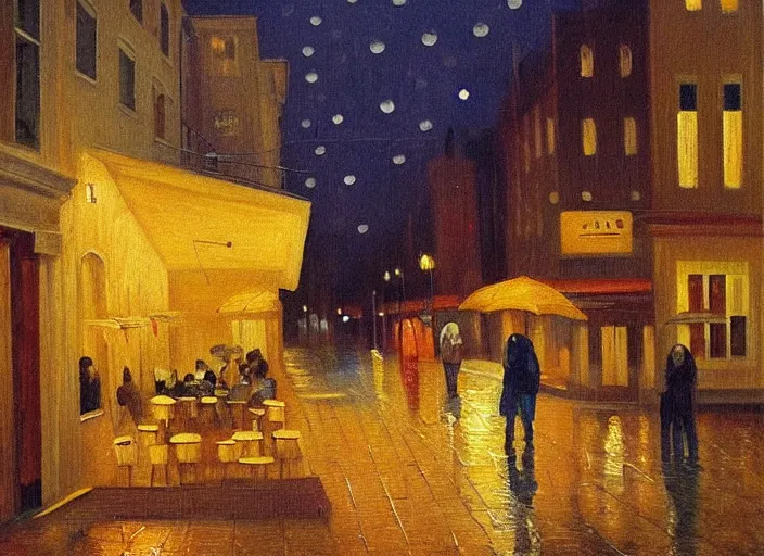 Image similar to being alone at a cafe on a melancholic rainy night by ardon, mordecai, oil painting