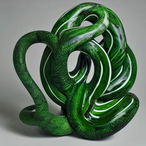 Image similar to a ceramic sculpture of some kind of plant in a glazed surreal abstract serpent frame with a white wall behind it and swirling green plants in the center by cleo sjolander