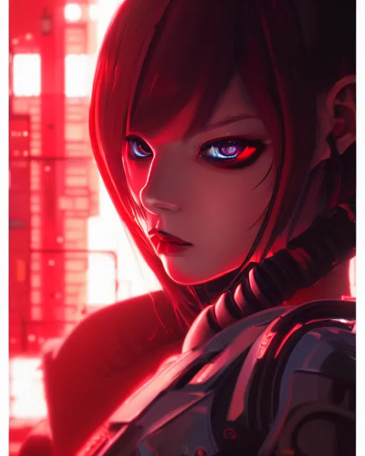 Image similar to a detailed potrait of a cyberpunk cyborg girl with black and red parts, fine - face, realistic shaded perfect face, fine details. night setting. very anime style. realistic shaded lighting poster by ilya kuvshinov katsuhiro, unreal engine, global illumination, radiant light, detailed and intricate environment