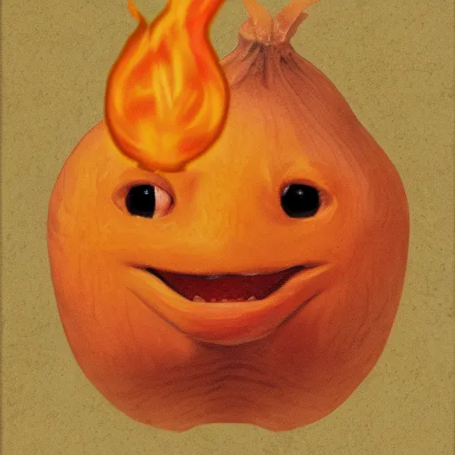 Image similar to onion charmander portrait, baroque painting, elated gaunt onion head