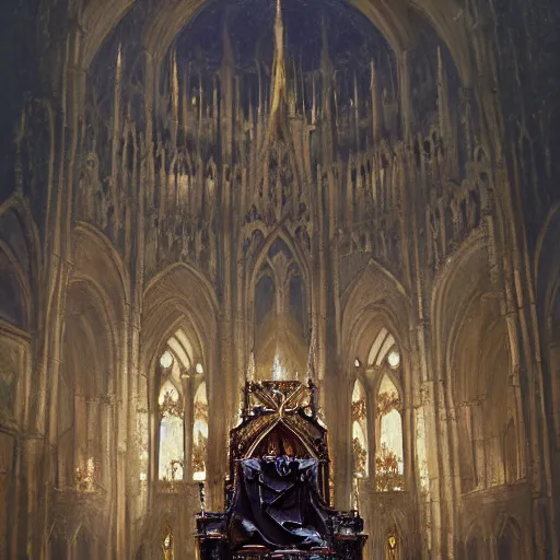 Prompt: Skeleton King resting on his throne inside a cathedral, oil painting, by Fernanda Suarez and Greg Rutkowski