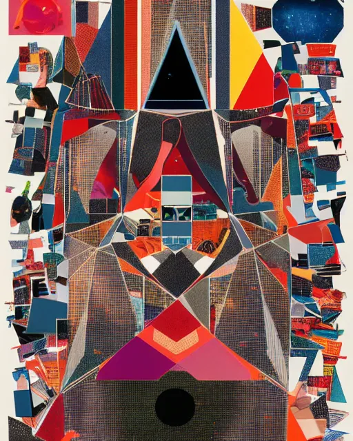 Prompt: A mid-century modern collage, made of random geometric segments from fashion magazines, science magazines, and textbooks, of 2001: A Space Odyssey film poster. 1968