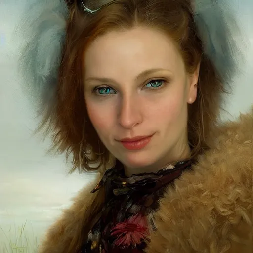 Image similar to portrait of a dutch woman ( 3 1 ) from the netherlands in 2 0 2 1, an oil painting by ross tran and thomas kincade