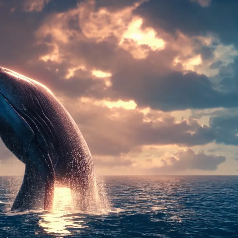 Image similar to vfx shot by weta digital and industrial light and magic ilm, a stunning beautiful blue whale made out of shiny reflective dripping liqud chrome swimming through fluffy giant sunset clouds, octane render, cinema 4 d, ray traced lighting, very short depth of field, bokeh