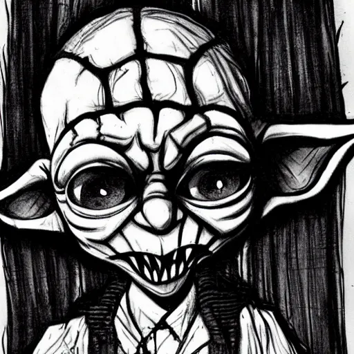 Prompt: grunge drawing of a cartoon yoda with big bloody eyes and a wide smile by mrrevenge, corpse bride style, horror themed, detailed, elegant, intricate