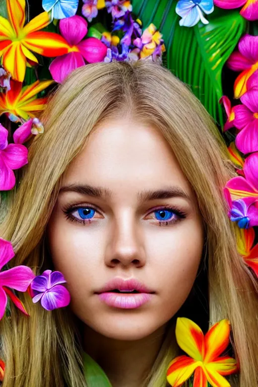 Prompt: an attractive girl is surrounded by colourful tropical flowers and plants, symmetric face and eyes, upper body face shot, long straight blonde hair, visible face