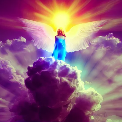 Prompt: celestial angel of light in the sky with clouds, psychedelic clouds, hallucination, night sky ; 8 k, artstation, unreal engine, octane render, hdr, surrealistic, hyperrealism, glow, photorealistic, volumetric lighting, dreamy, dynamic, mystical