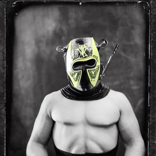 Image similar to tintype photographs of superheroes, masked wrestlers, technowizards