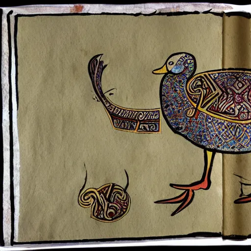 Image similar to book of kells, illustration of a duck, ink and dye on calfskin vellum