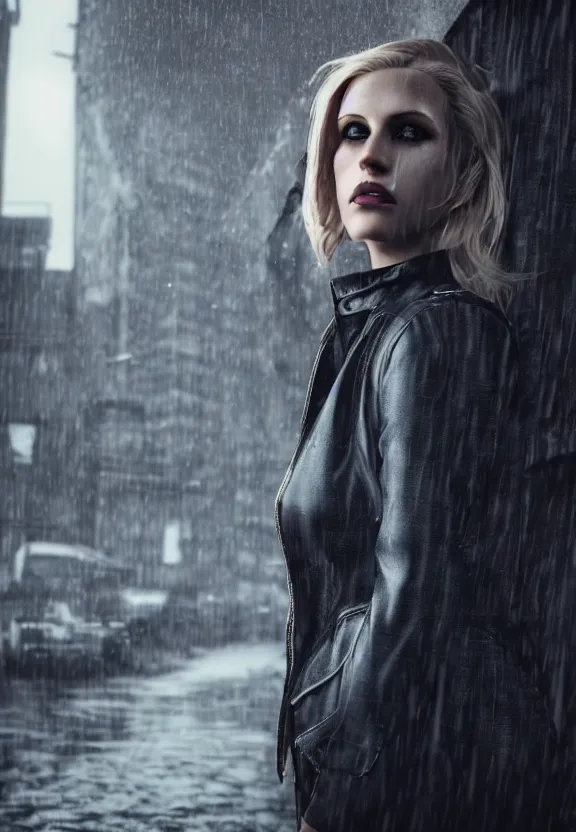 Prompt: cosmopolitan model annie leonhart posing in dunwall city, beautiful face, detailed face, realistic eyes, cinematic lighting, rainy weather, melancholy atmosphere, volumetric light, gothic architecture, realistic reflections, model agency, instagram photo, depression atmosphere, shot on sony a 7, beauty filter, postprocessing