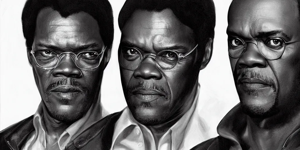 Image similar to highly detailed movie poster painting of young samuel l jackson and john travolta, perfect symmetrical eyes, by eddie mendoza and tyler edlin, 8 k resolution