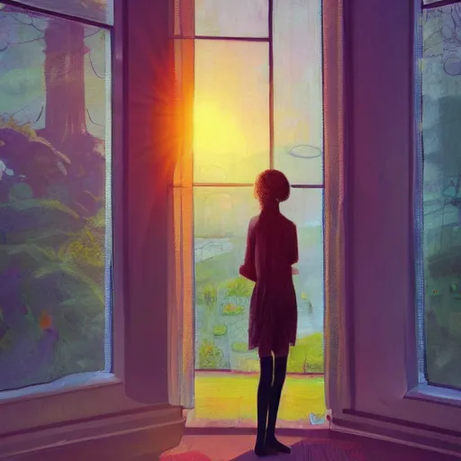 Image similar to giant daisy flower head, woman standing next to modern window in luxury loft, surreal photography, sunlight, impressionist painting, digital painting, artstation, simon stalenhag