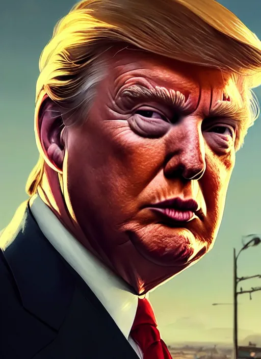 Image similar to Highly detailed portrait of President Trump, in GTA V, Stephen Bliss, unreal engine, fantasy art by Greg Rutkowski, Loish, Rhads, ferdinand knab, Makoto Shinkai and Lois van baarle, ilya kuvshinov, rossdraws, Tom Bagshaw, alphonse mucha, global illumination, radiant light, detailed and intricate environment