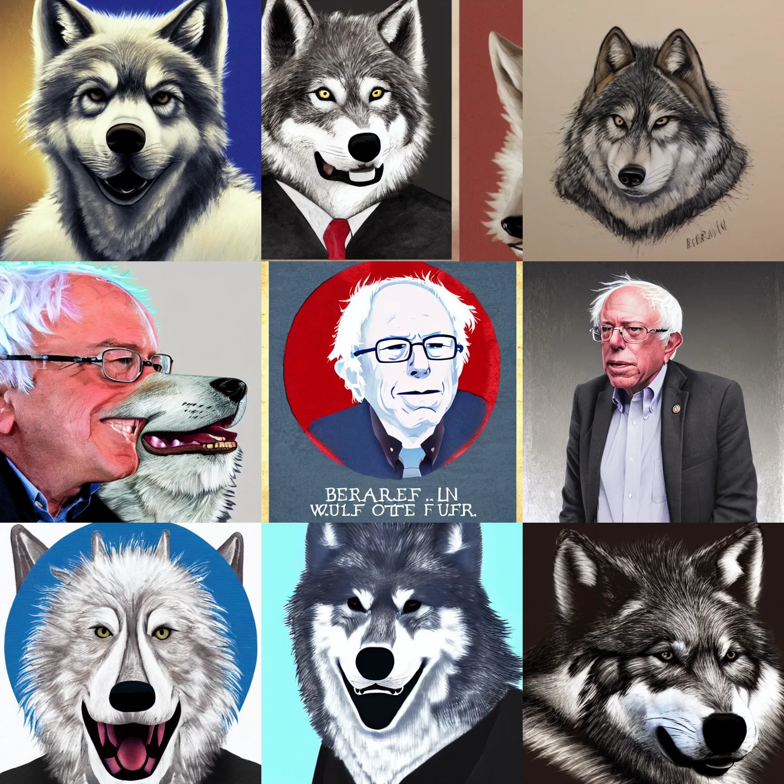 Prompt: portrait of bernie sanders as a wolf, furry, cute