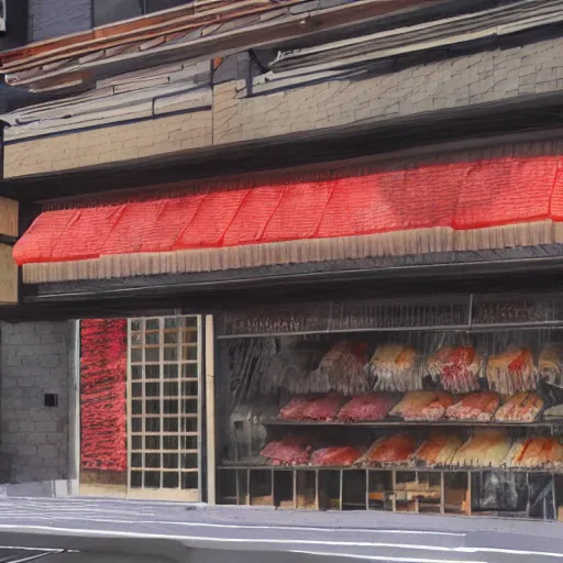 Prompt: Tokyo storefront facade watercolors Yamane meat shop from Nippori district in the style Mateusz Urbanowicz,Albert Kiefer, digital art painting artstation global illumination GI AAA SSS