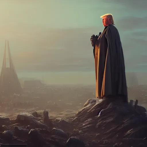 Image similar to Donald Trump as a jedi hero, capitol hill, post-apocalyptic, cinematic, atmospheric, highly detailed, artstation, wlop, stålenhag, Emanuel Leutze