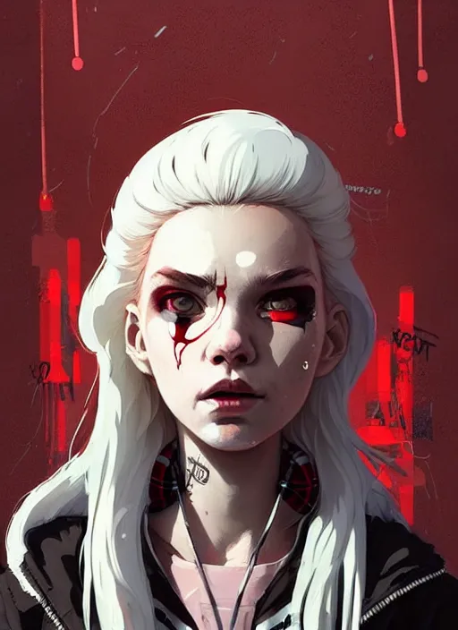 Image similar to highly detailed portrait of a sewer punk canadian lady, tartan hoody, white hair by atey ghailan, by greg rutkowski, by greg tocchini, by james gilleard, by joe fenton, by kaethe butcher, gradient red, brown, blonde cream and white color scheme, grunge aesthetic!!! ( ( graffiti tag wall background ) )