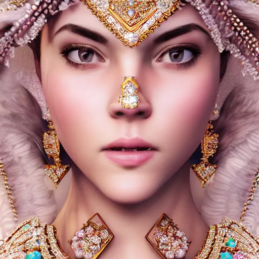 Image similar to portrait of pretty princess with perfect skin, beauty, glowing, ornate and intricate diamond jewelry, jaw dropping, ornate and intricate backdrop, white accent lighting, hyper detailed, 4 k octane render