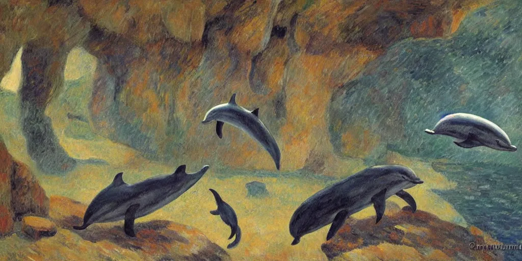 Image similar to dolphin and cat in a cave, expressive oil painting by christopher radlund and camille pissaro