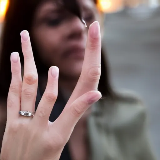 Prompt: a normal right female hand with five fingers and ring hold joint, a cigarette between the middle and index fingers, a cigarette, smoke