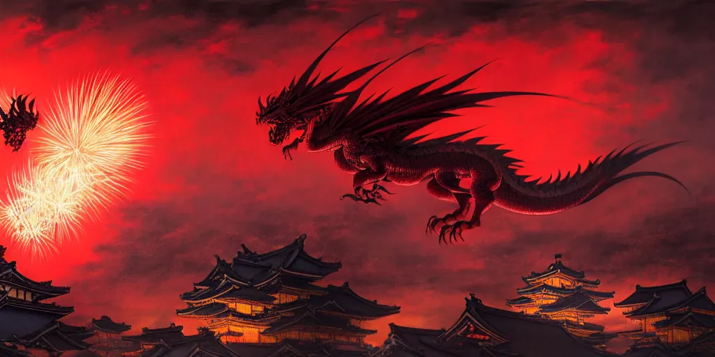 Image similar to Stunning Portrait scene of A Red dragon flying above a Feudal Japan temple during a fireworks festival at night by Kim Jung Gi. Blizzard Concept Art Studio Ghibli. oil paint. 4k. by brom, Intense fireworks by Ross Tran, Greg Rutkowski, Mark Arian, soft render, octane, highly detailed painting, artstation