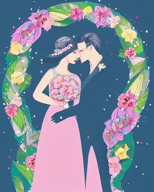 Prompt: artdeco illustration wedding anniversary. beautiful. happy. celebration. colorful. pastel. artstation, deviantart, pinterest, 5 0 0 px models