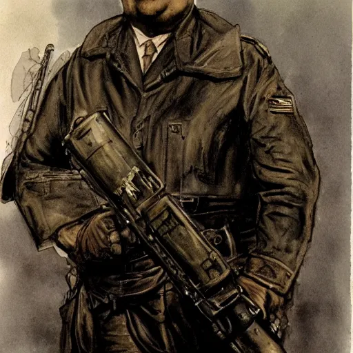 Prompt: gk chesterton as a buff mercenary in military gear. portrait by james gurney.